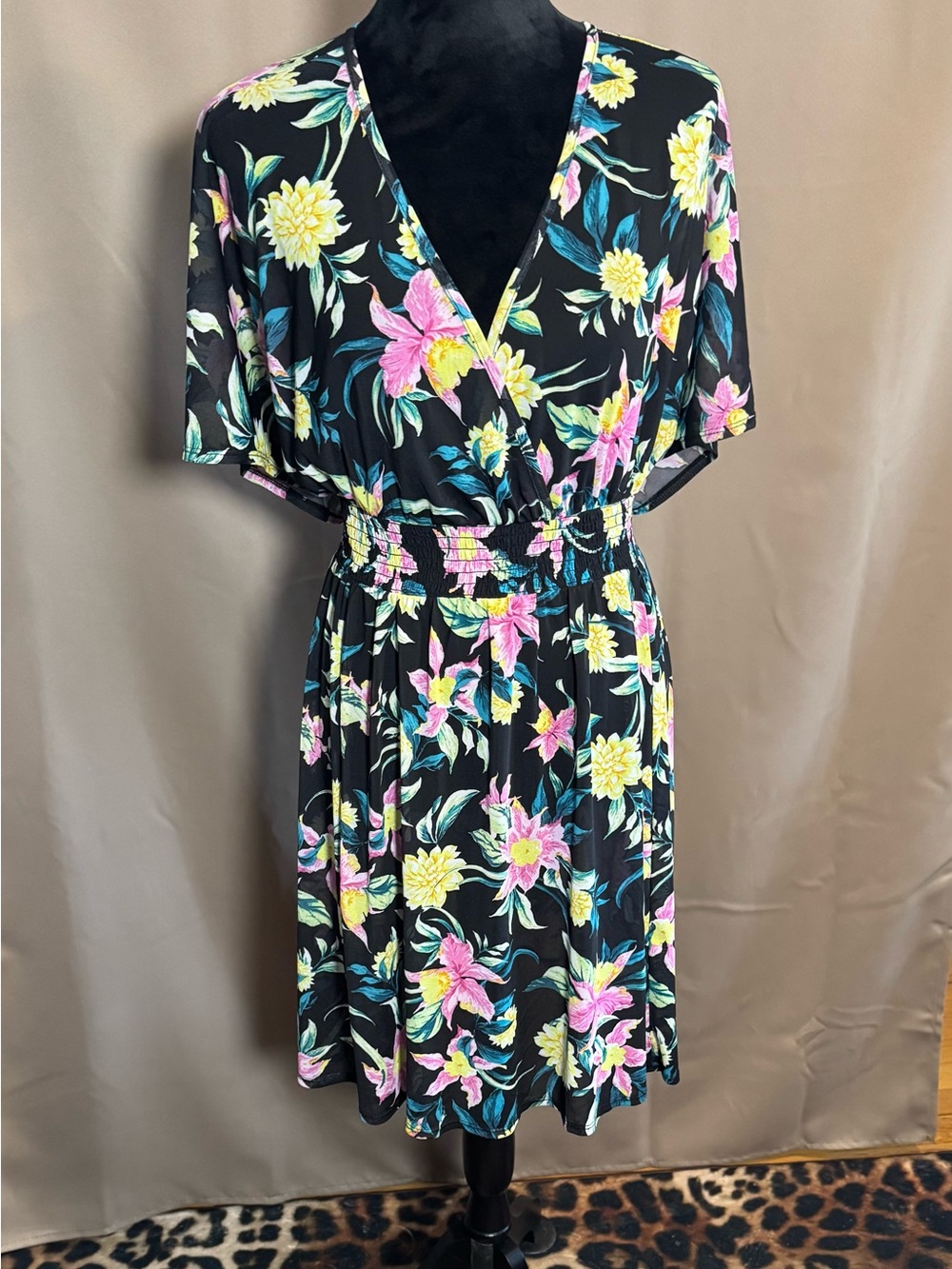 Torrid Black Floral Wrap-Style Swim Coverup with Pink & Yellow Blooms